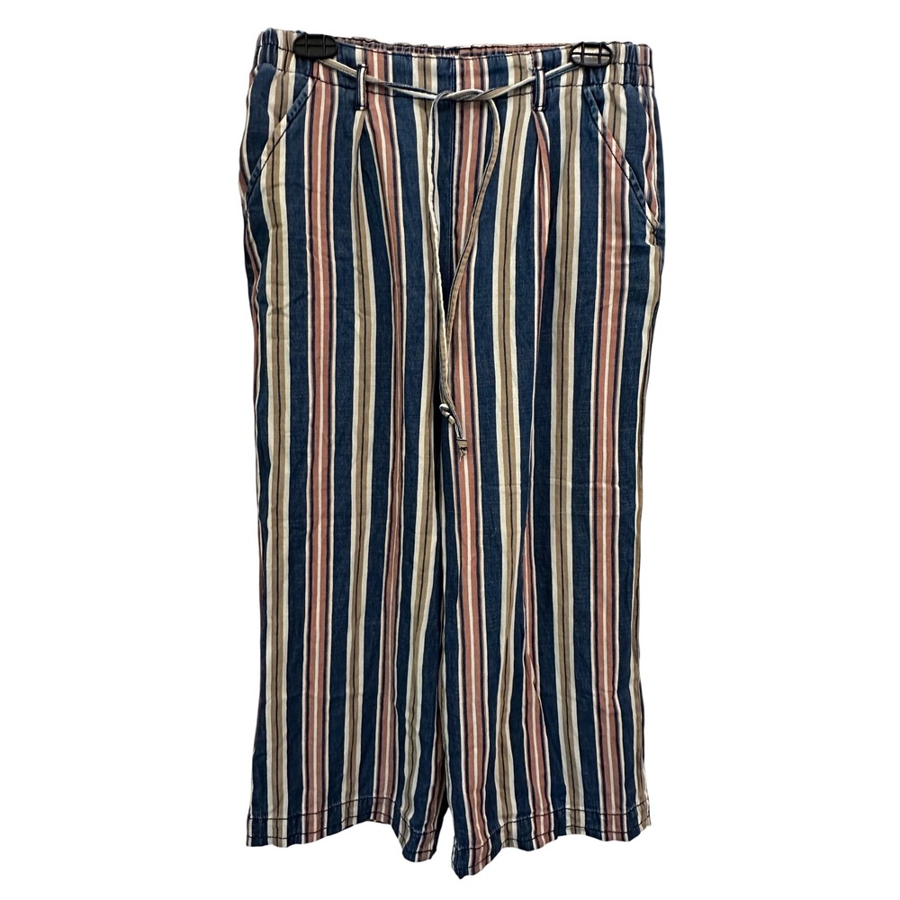 American Eagle Wide Leg Pants Blue Pink Stripe Cotton Drawstring Sz 8 Preppy